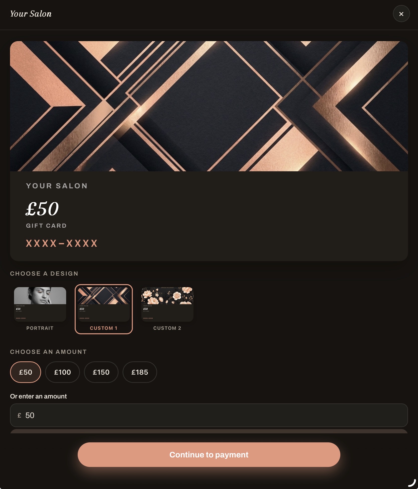Choosing a branded lash gift card design and amount on the booking site