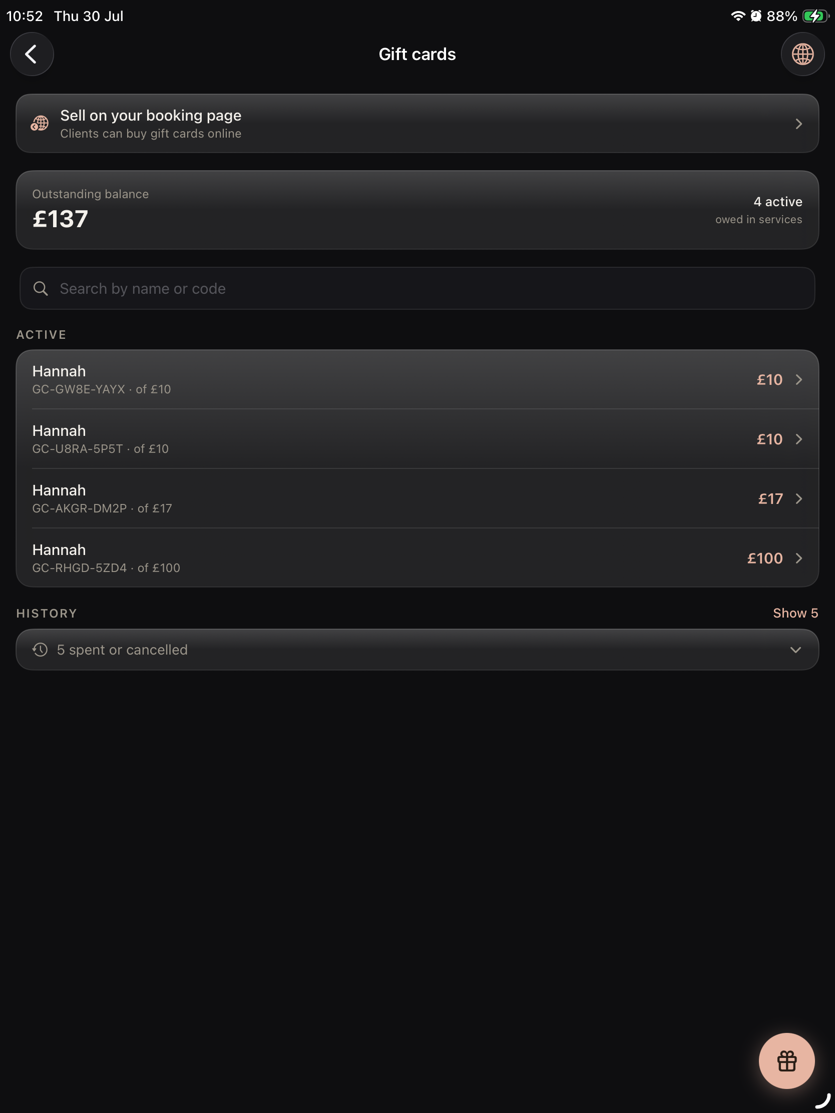 Selling a branded lash gift card in the Lash Create app on iPad